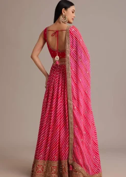 Rani Pink Leheriya Lehenga Set With Zardosi And Sequins Work