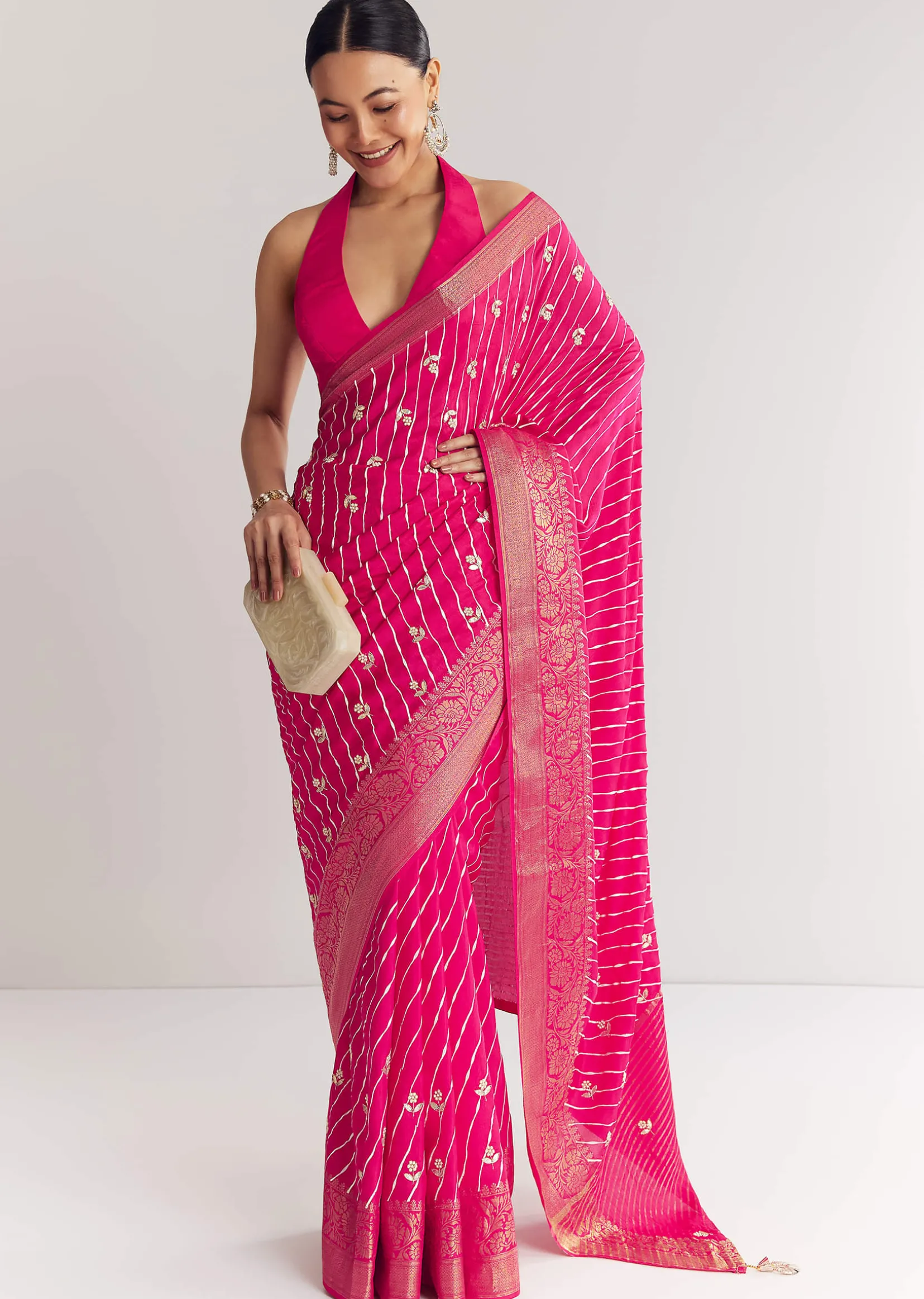 Rani Pink Leheriya Print With Floral Gotapatti And Moti Embroidery.
