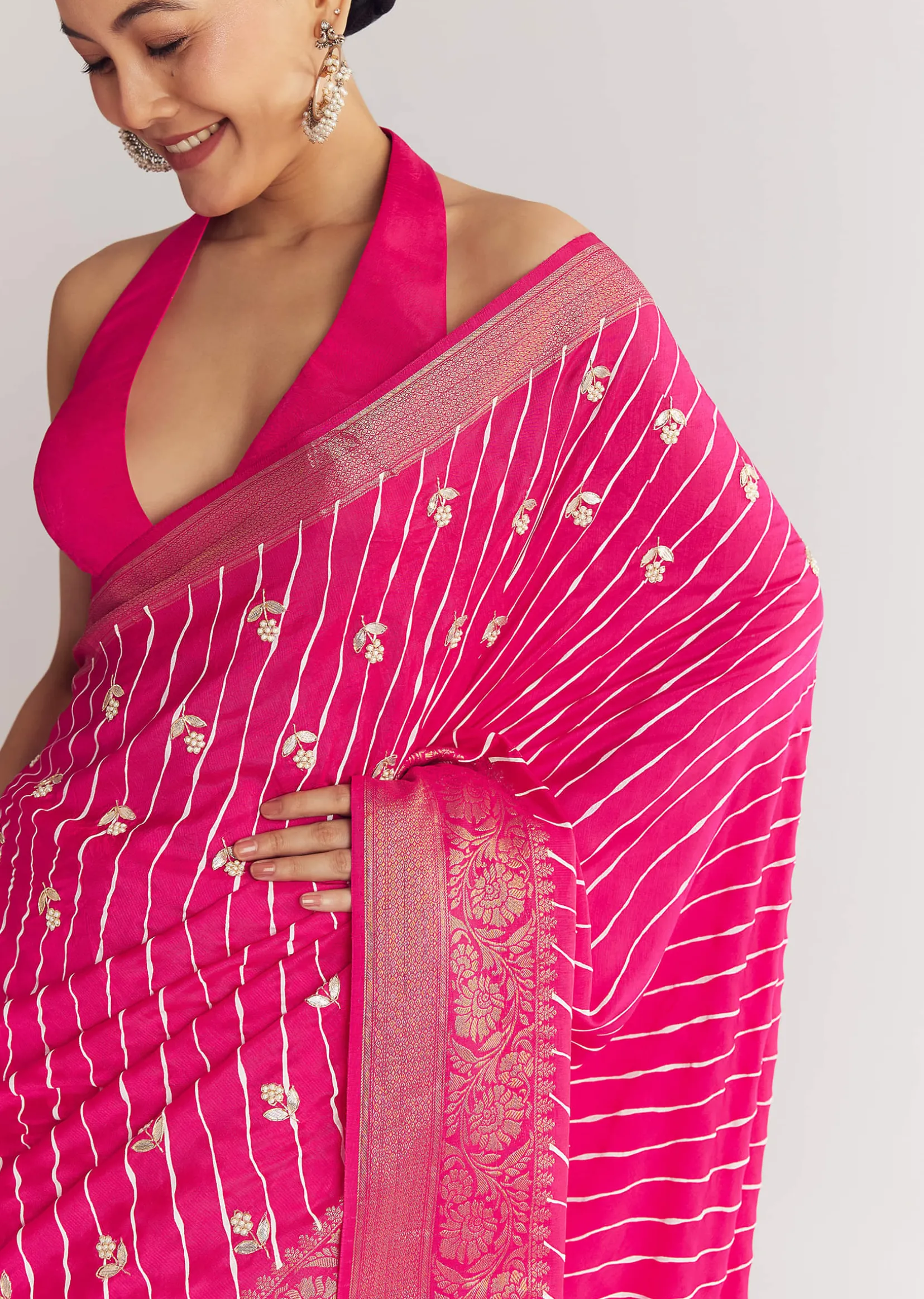 Rani Pink Leheriya Print With Floral Gotapatti And Moti Embroidery.