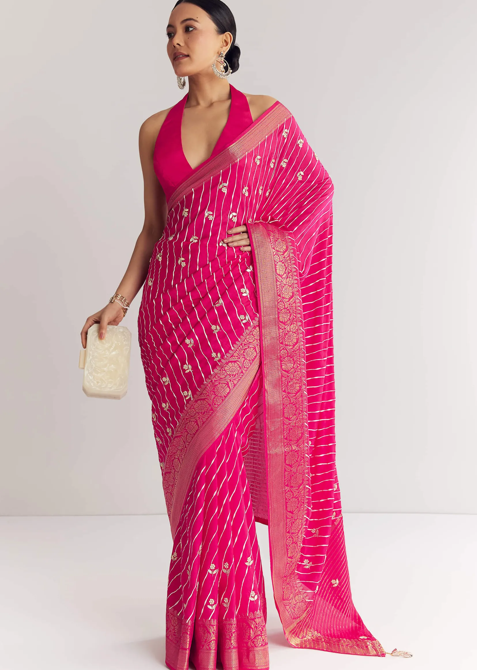 Rani Pink Leheriya Print With Floral Gotapatti And Moti Embroidery.