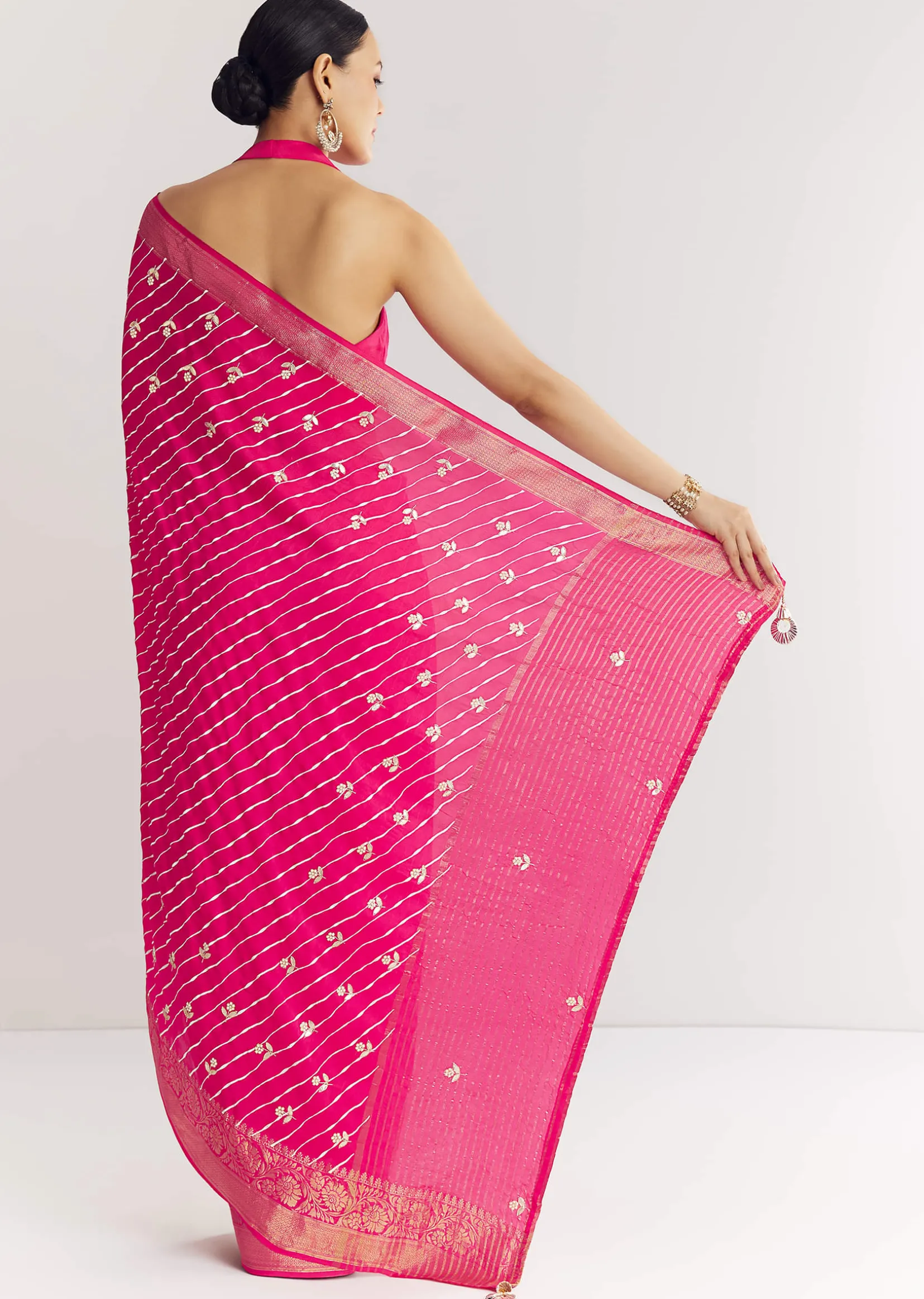 Rani Pink Leheriya Print With Floral Gotapatti And Moti Embroidery.