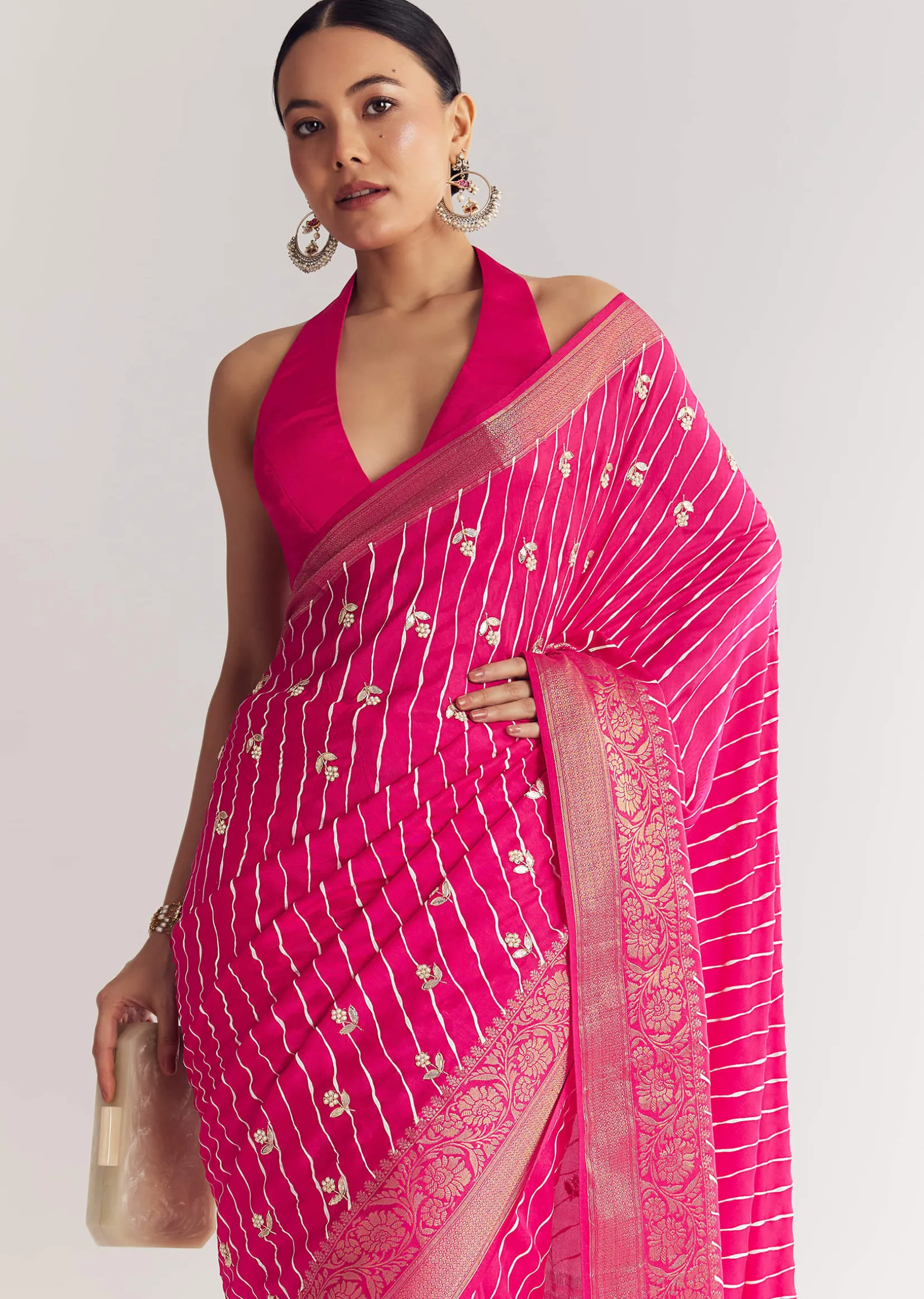 Rani Pink Leheriya Print With Floral Gotapatti And Moti Embroidery.