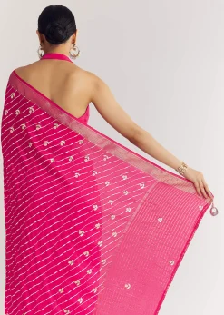 Rani Pink Leheriya Print With Floral Gotapatti And Moti Embroidery.