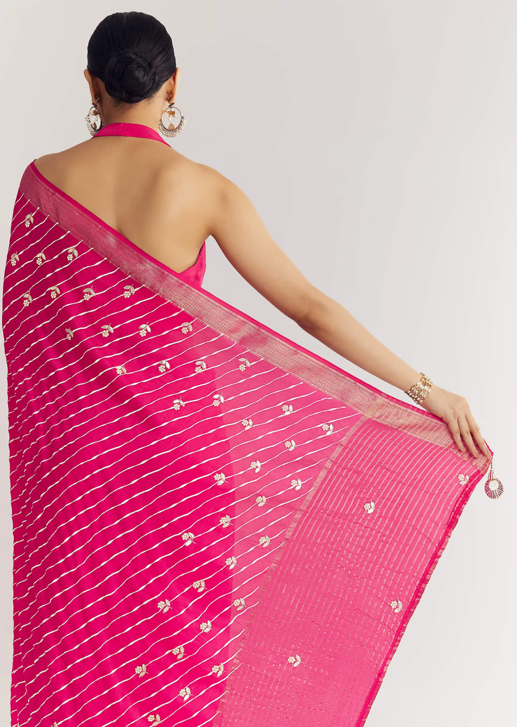Rani Pink Leheriya Print With Floral Gotapatti And Moti Embroidery.