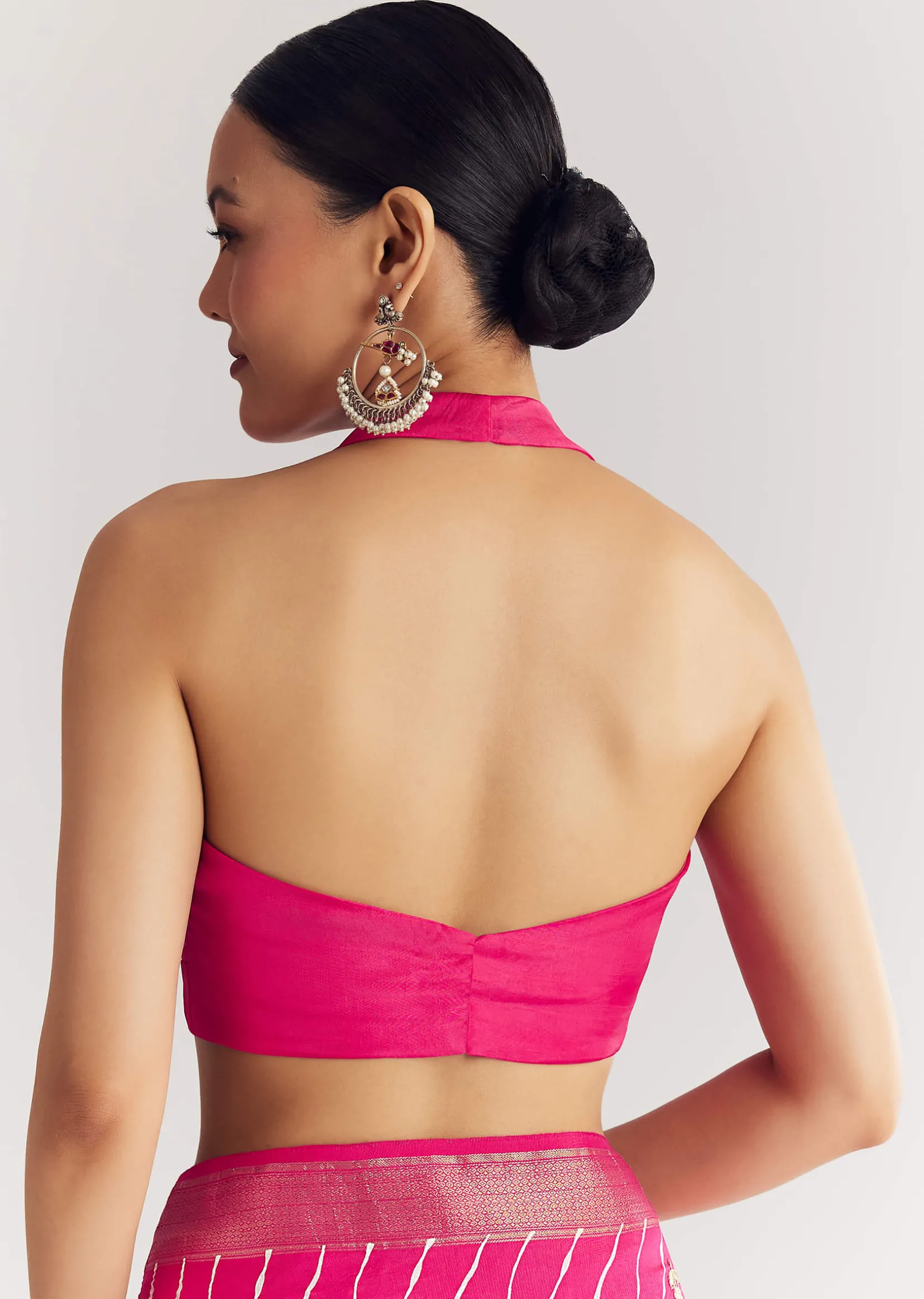 Rani Pink Leheriya Print With Floral Gotapatti And Moti Embroidery.