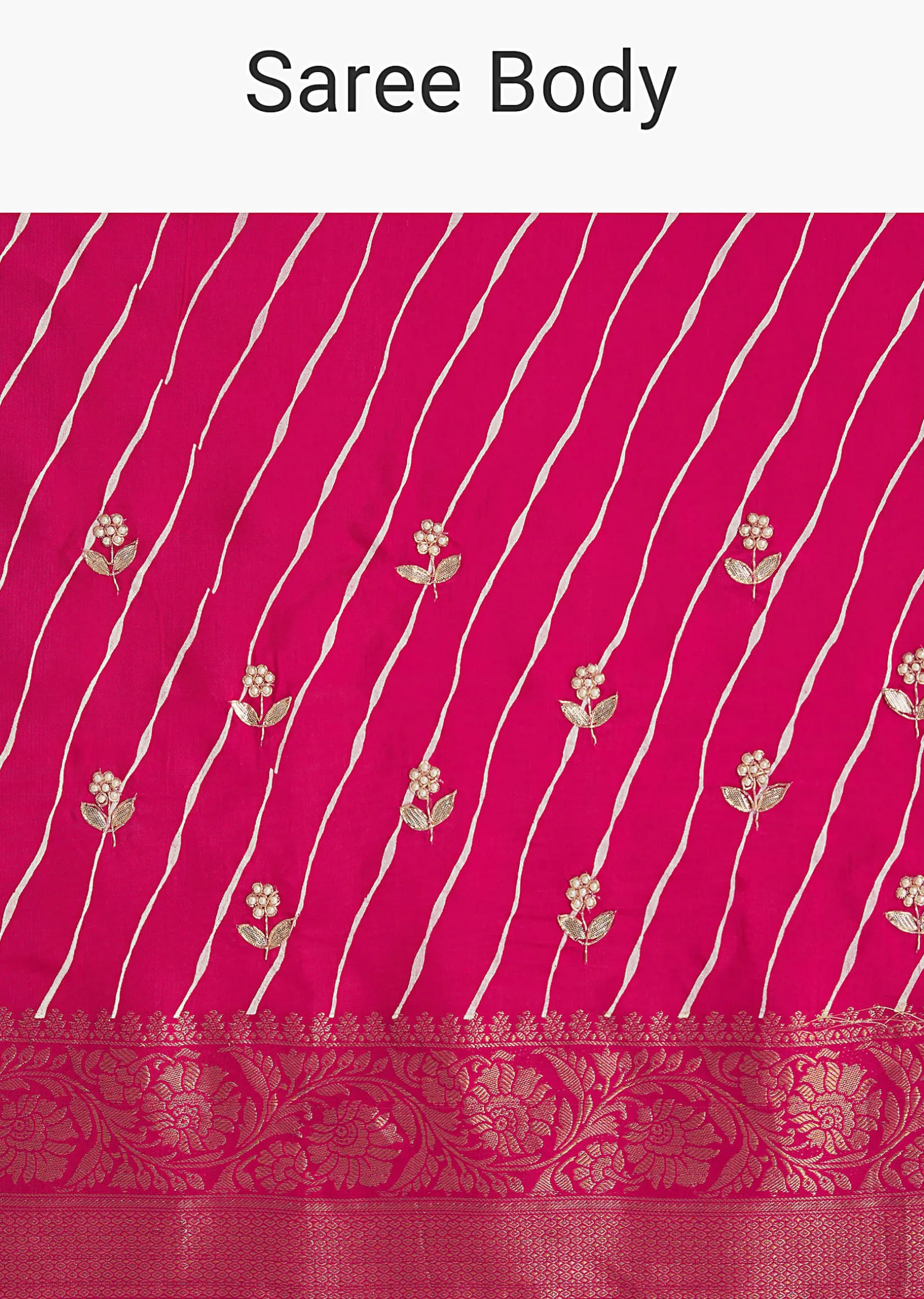 Rani Pink Leheriya Print With Floral Gotapatti And Moti Embroidery.
