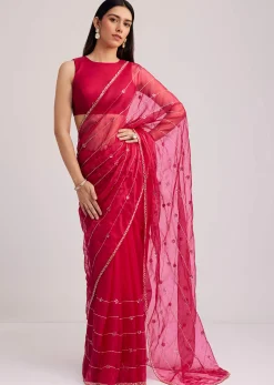 Rani Pink Organza Saree With Cutdana Embroidery