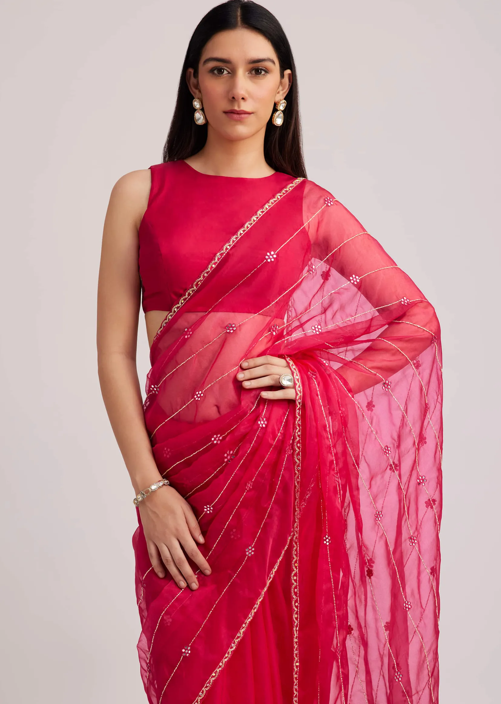 Rani Pink Organza Saree With Cutdana Embroidery