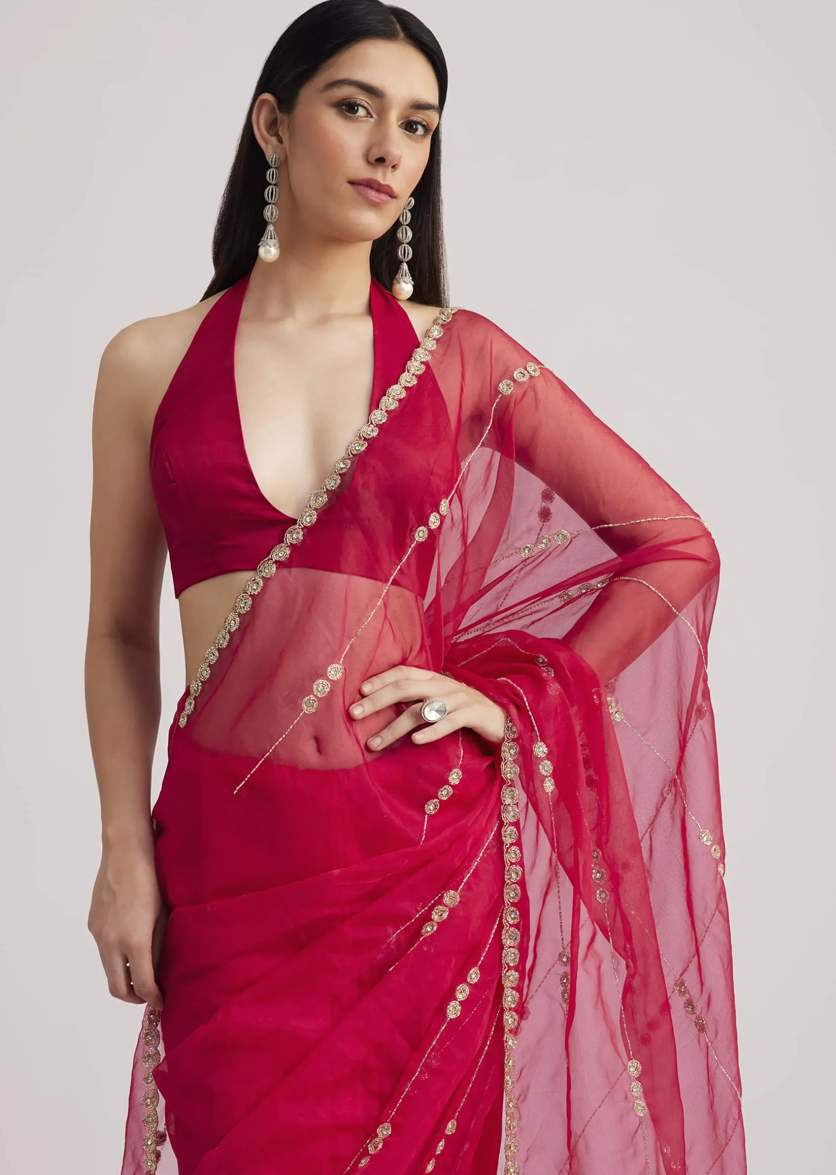Rani Pink Organza Saree With Overall Cutdana Work