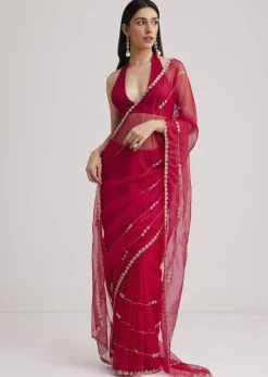 Rani Pink Organza Saree With Overall Cutdana Work