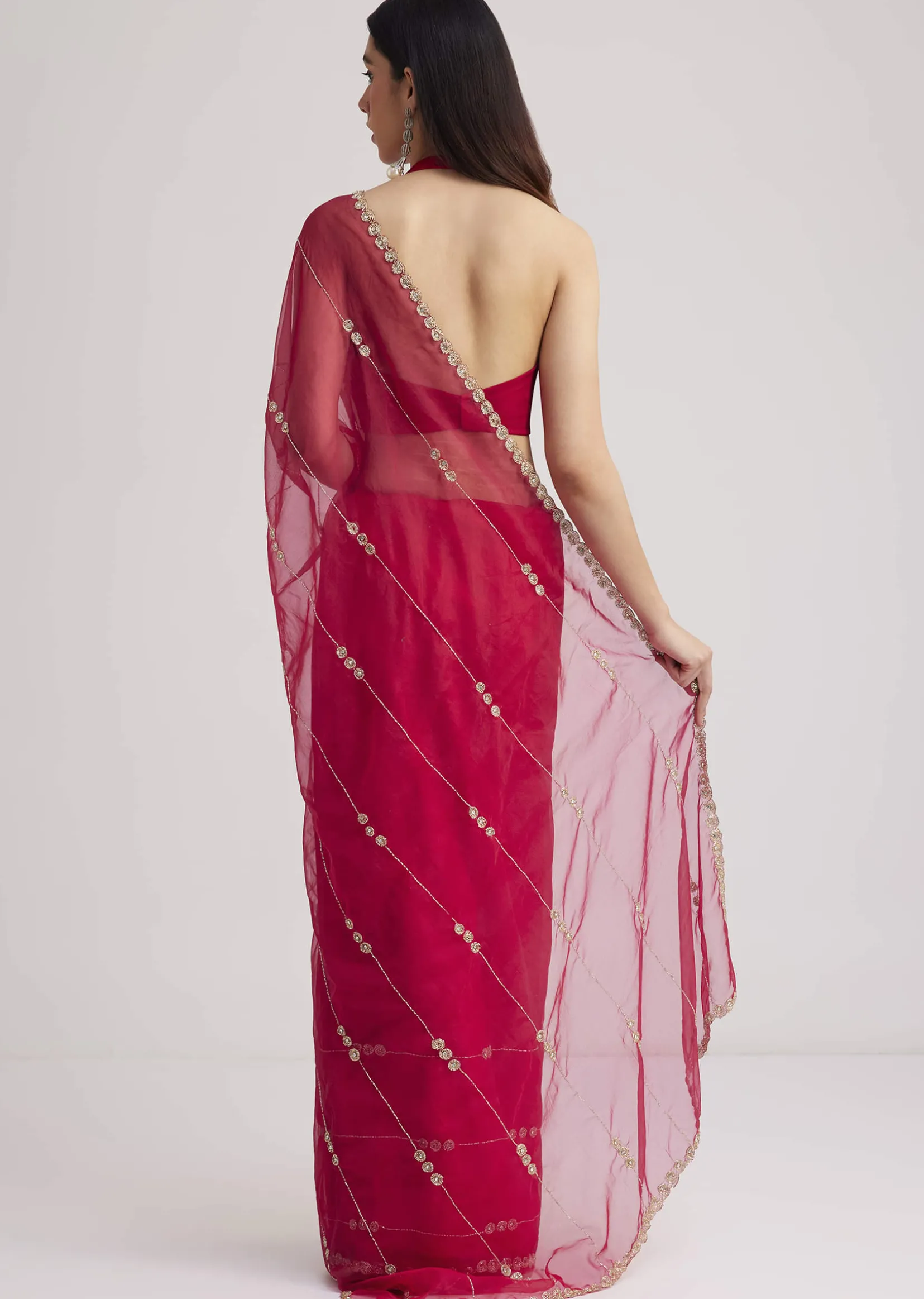 Rani Pink Organza Saree With Overall Cutdana Work