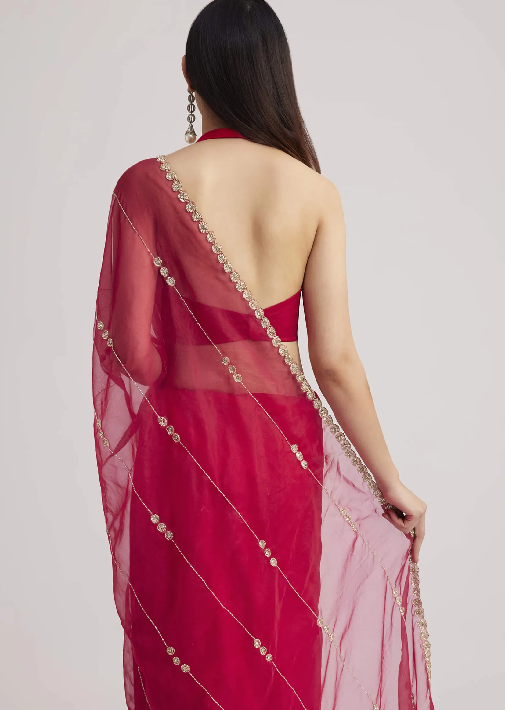 Rani Pink Organza Saree With Overall Cutdana Work