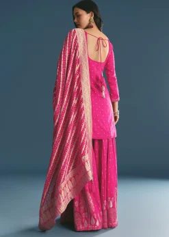 Rani Pink Russian Silk Kurta Palazzo With Banarasi Dupatta