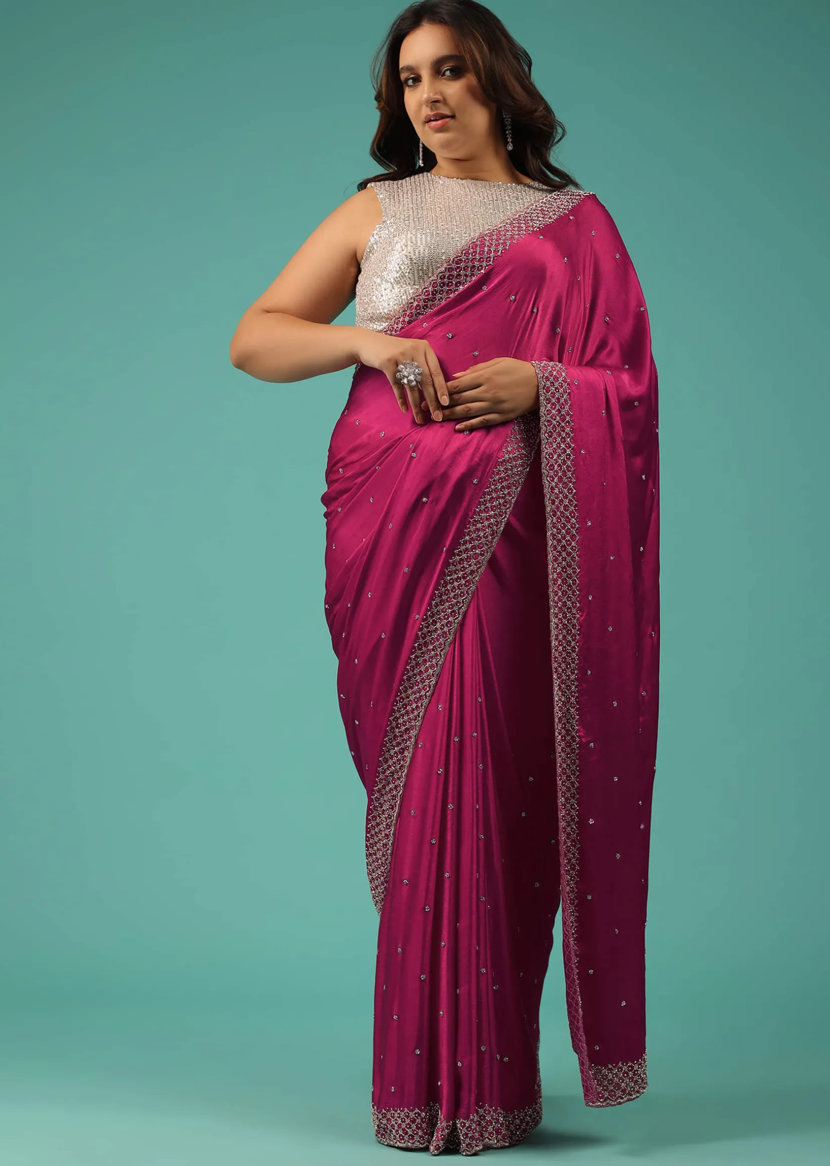 Rani Pink Saree In Chiffon With Cut Dana And Stones Embroidery