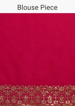 Rani Pink Saree In Dola Silk With Multi Colored Woven Diagonal Stripes And Floral Border
