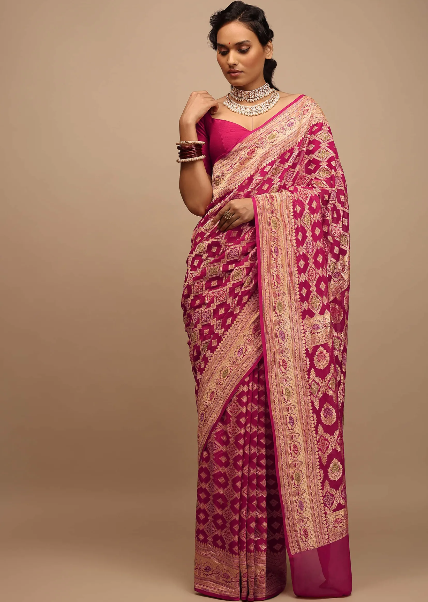 Rani Pink Saree In Georgette With Woven Geometric Jaal And Floral Border
