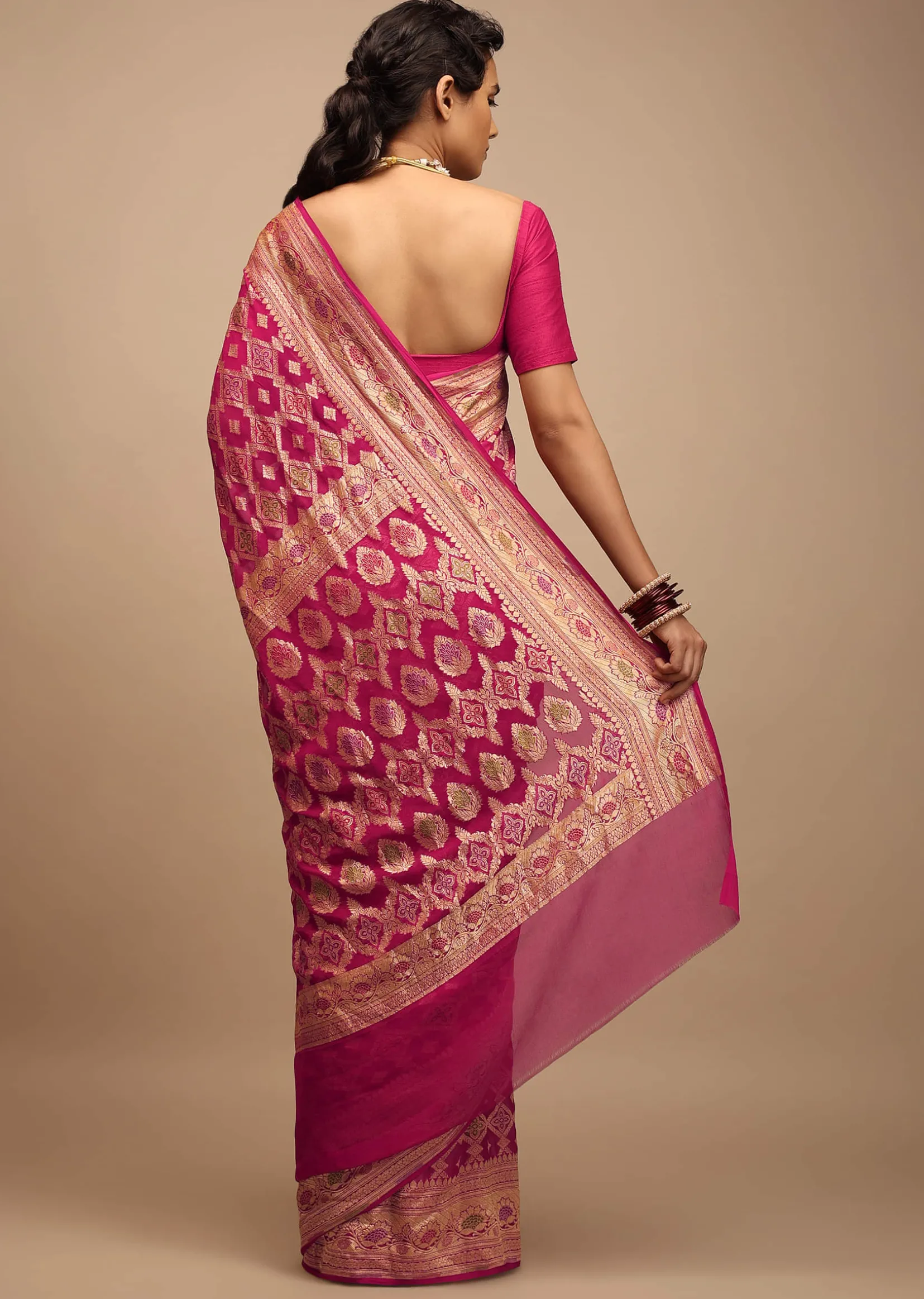 Rani Pink Saree In Georgette With Woven Geometric Jaal And Floral Border