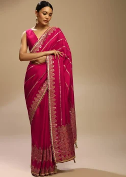 Rani Pink Saree In Silk With Woven Stripes Floral Motifs On The Border