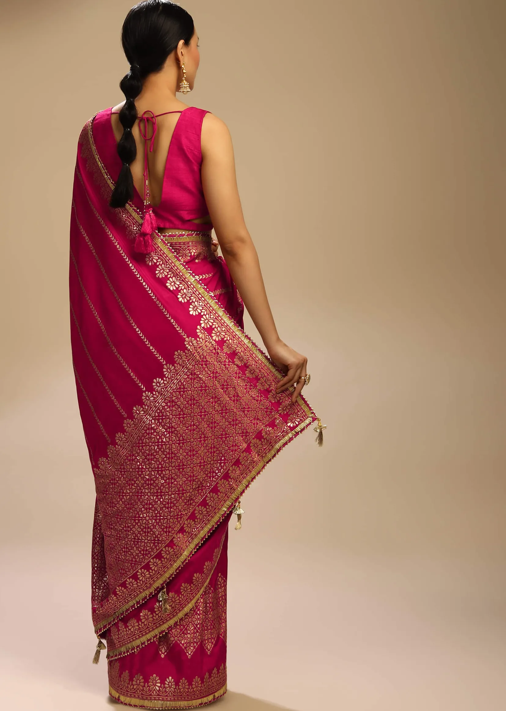 Rani Pink Saree In Silk With Woven Stripes Floral Motifs On The Border