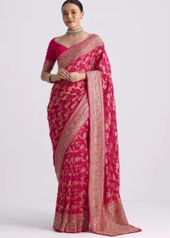 Rani Pink Saree With Bandhani Jaal And Cutdana Work