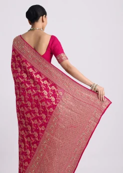 Rani Pink Saree With Bandhani Jaal And Cutdana Work