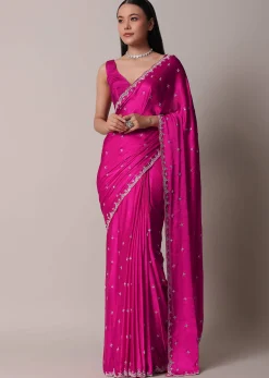 Rani Pink Satin Chinon Saree With Scallop Border And Unstitched Blouse Piece