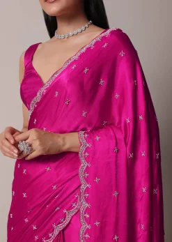 Rani Pink Satin Chinon Saree With Scallop Border And Unstitched Blouse Piece
