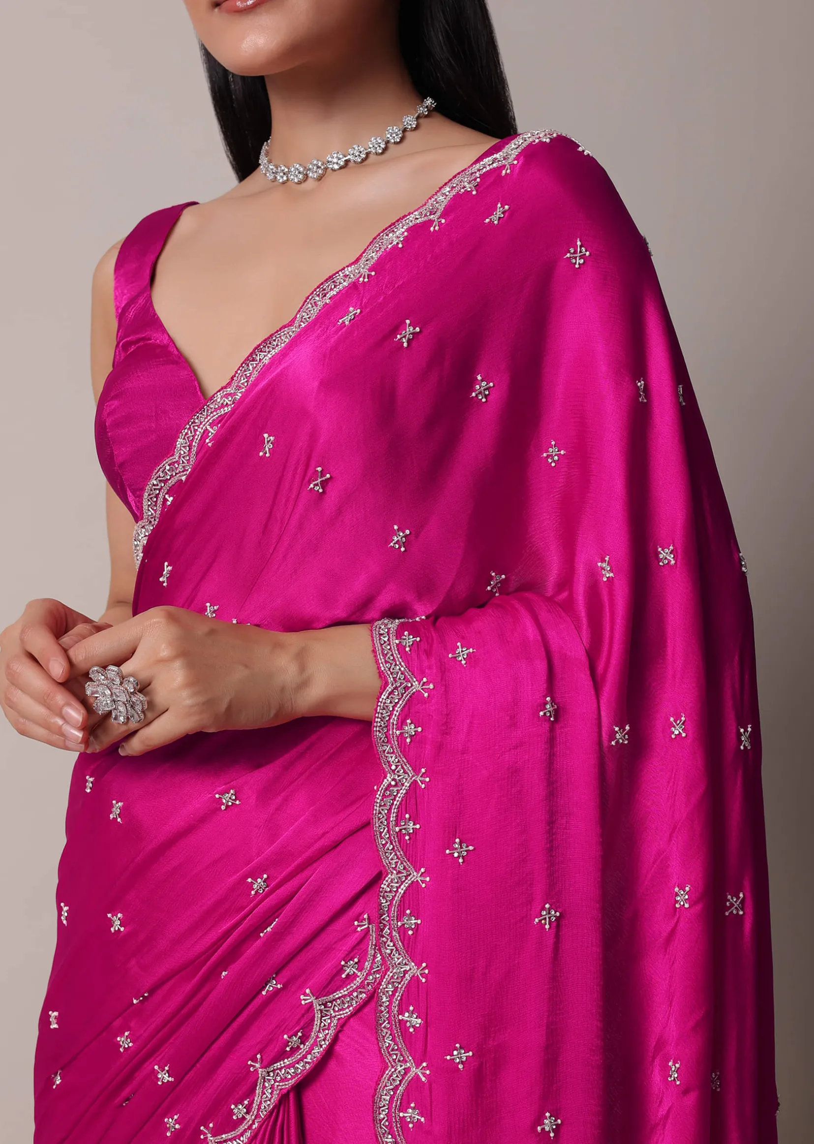 Rani Pink Satin Chinon Saree With Scallop Border And Unstitched Blouse Piece