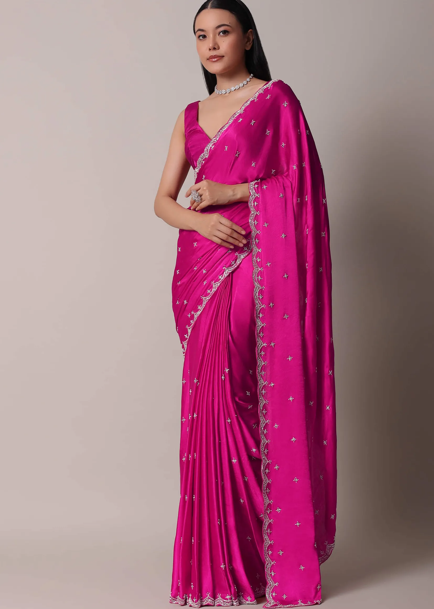 Rani Pink Satin Chinon Saree With Scallop Border And Unstitched Blouse Piece