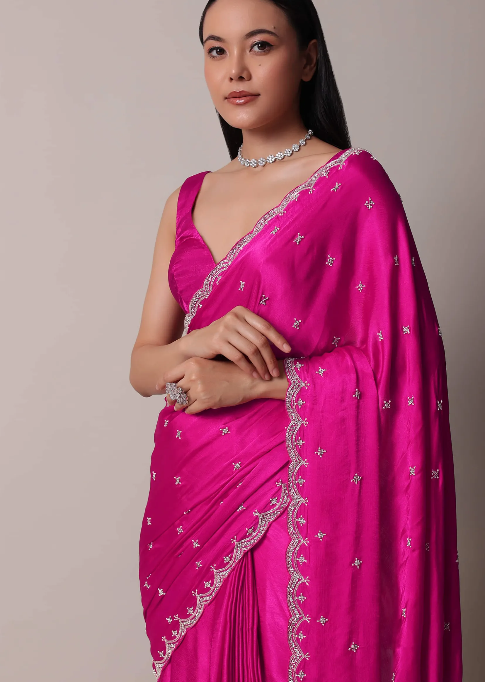 Rani Pink Satin Chinon Saree With Scallop Border And Unstitched Blouse Piece