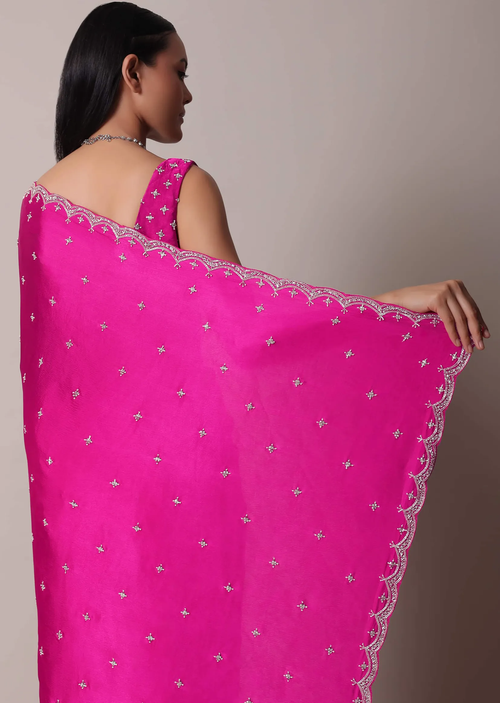 Rani Pink Satin Chinon Saree With Scallop Border And Unstitched Blouse Piece