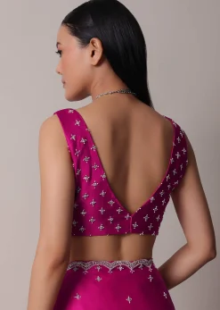 Rani Pink Satin Chinon Saree With Scallop Border And Unstitched Blouse Piece