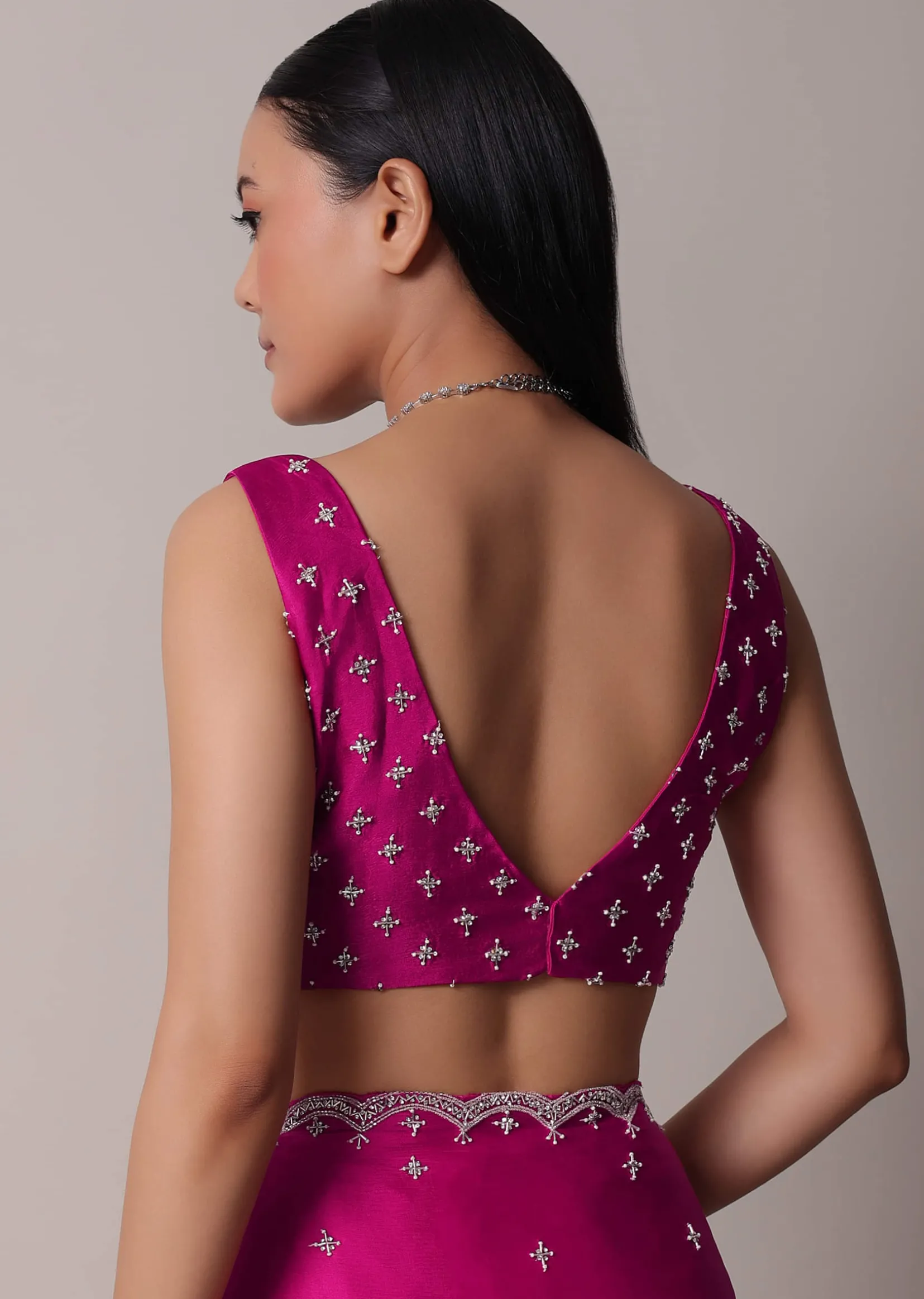Rani Pink Satin Chinon Saree With Scallop Border And Unstitched Blouse Piece