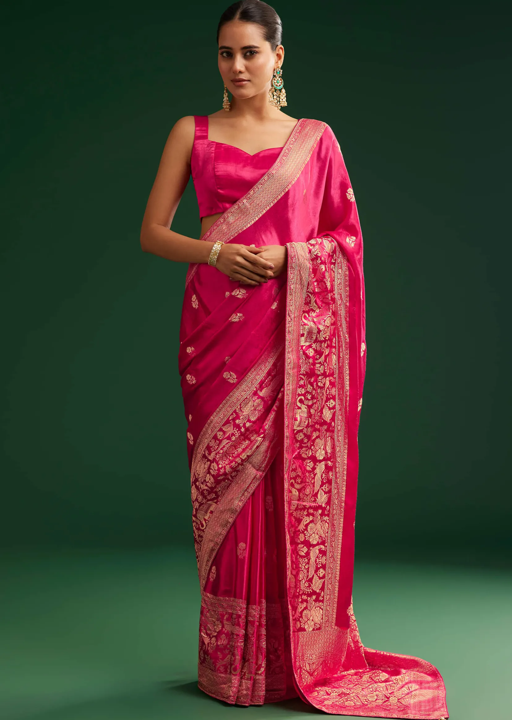 Rani Pink Satin Saree With Zari Woven Design