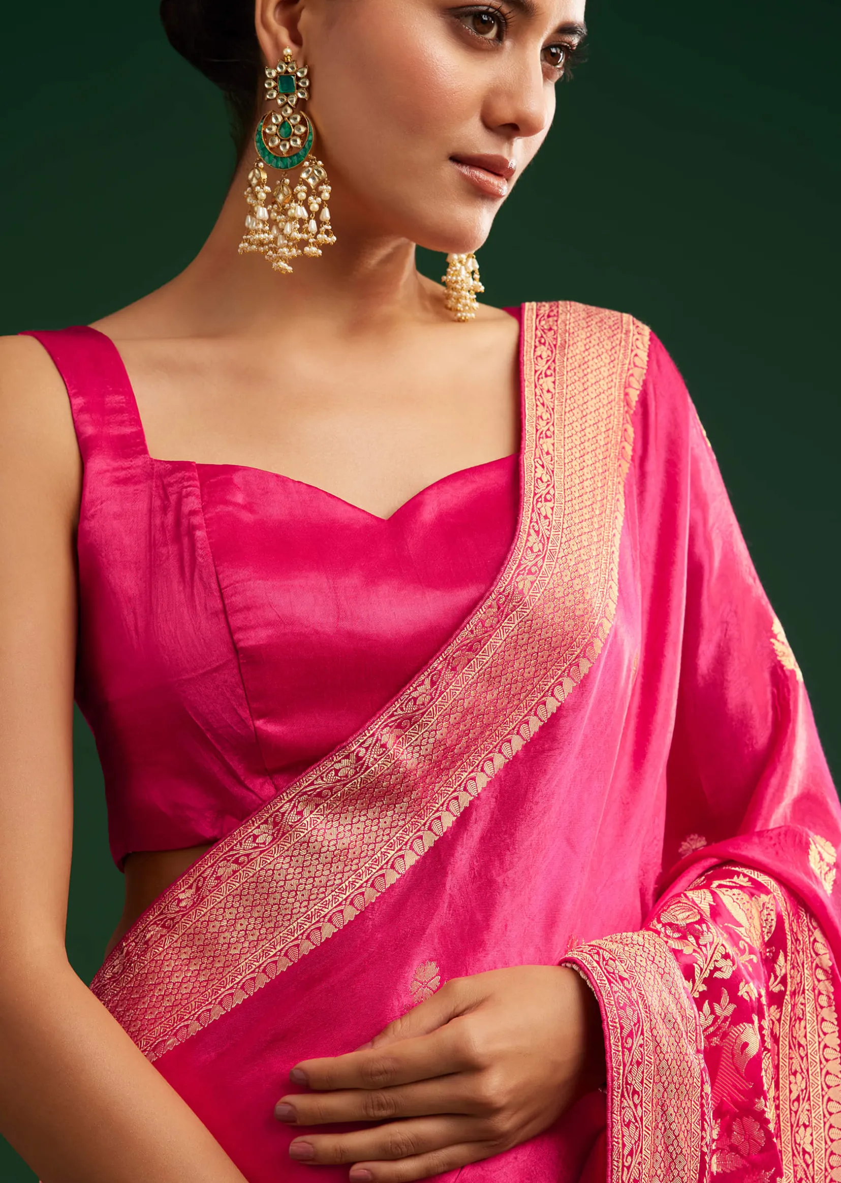 Rani Pink Satin Saree With Zari Woven Design