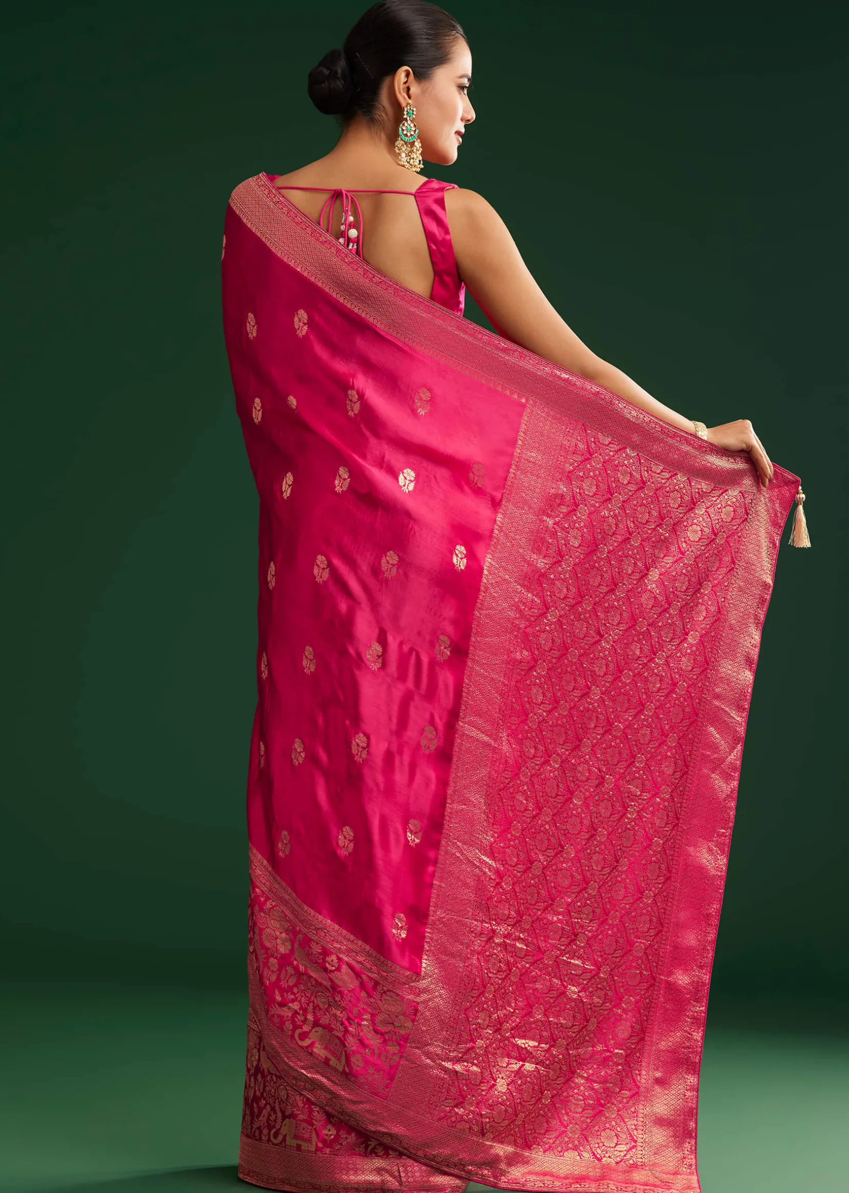 Rani Pink Satin Saree With Zari Woven Design
