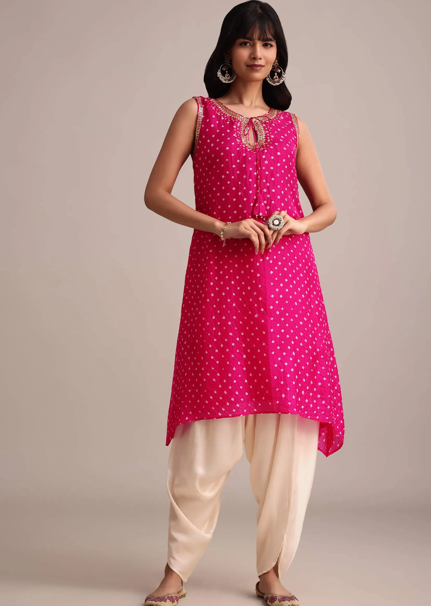 Rani Pink Silk Bandhani Print Kurta Dhoti Set