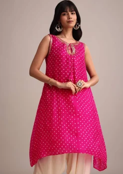 Rani Pink Silk Bandhani Print Kurta Dhoti Set