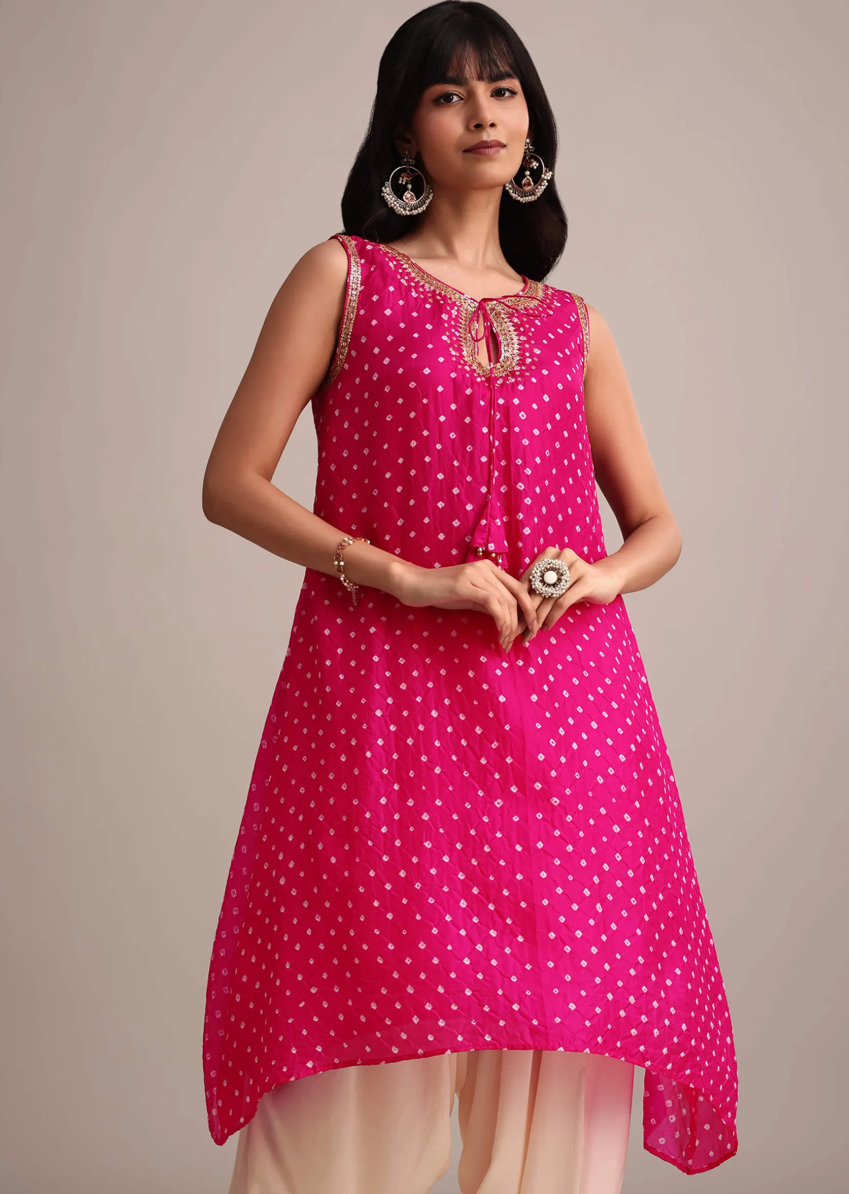 Rani Pink Silk Bandhani Print Kurta Dhoti Set