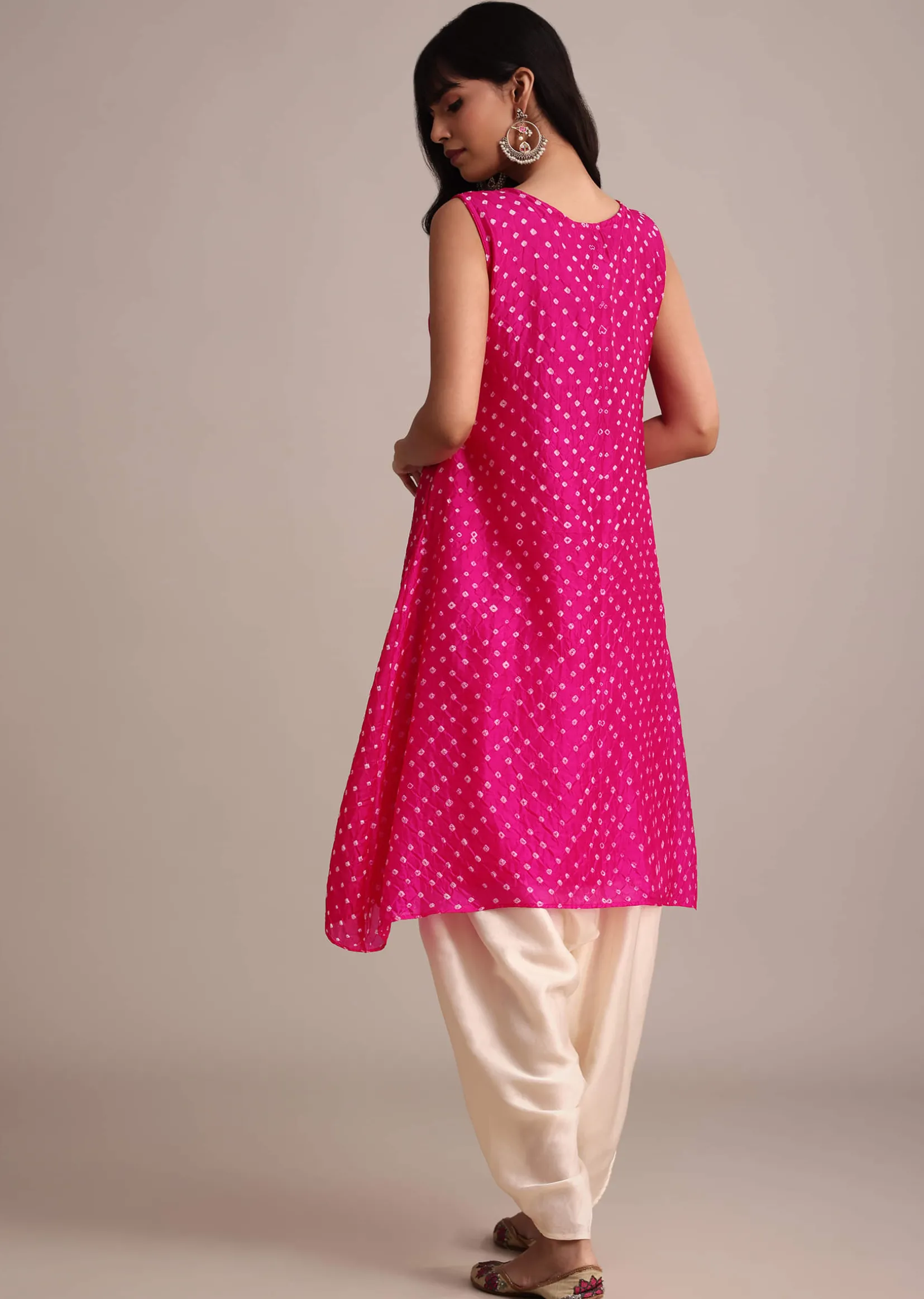 Rani Pink Silk Bandhani Print Kurta Dhoti Set