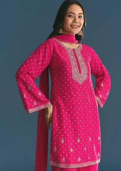 Rani Pink Silk Embroidered Kurta Set With Dupatta