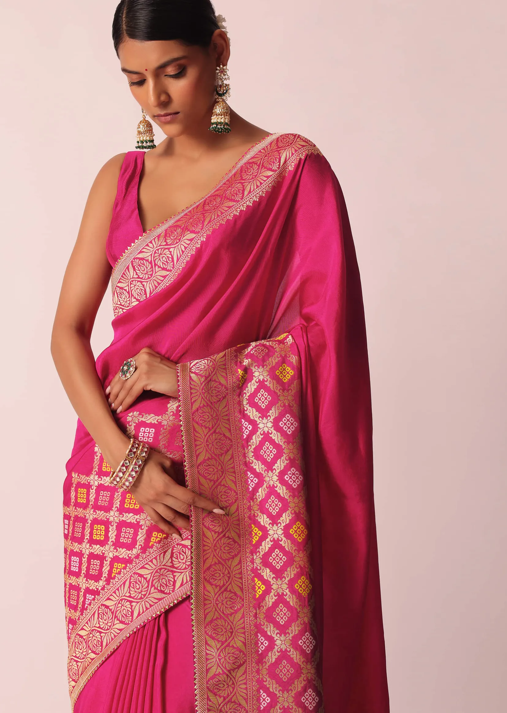 Rani Pink Silk Saree With Bandhani Detail And Unstitched Blouse Piece