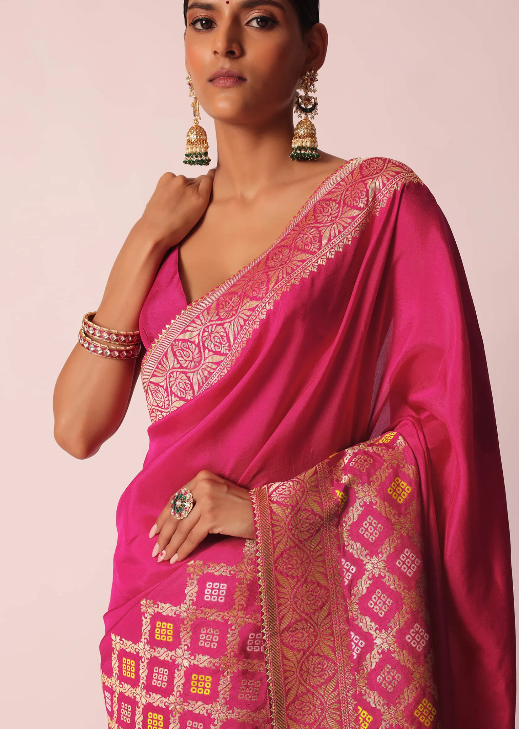 Rani Pink Silk Saree With Bandhani Detail And Unstitched Blouse Piece