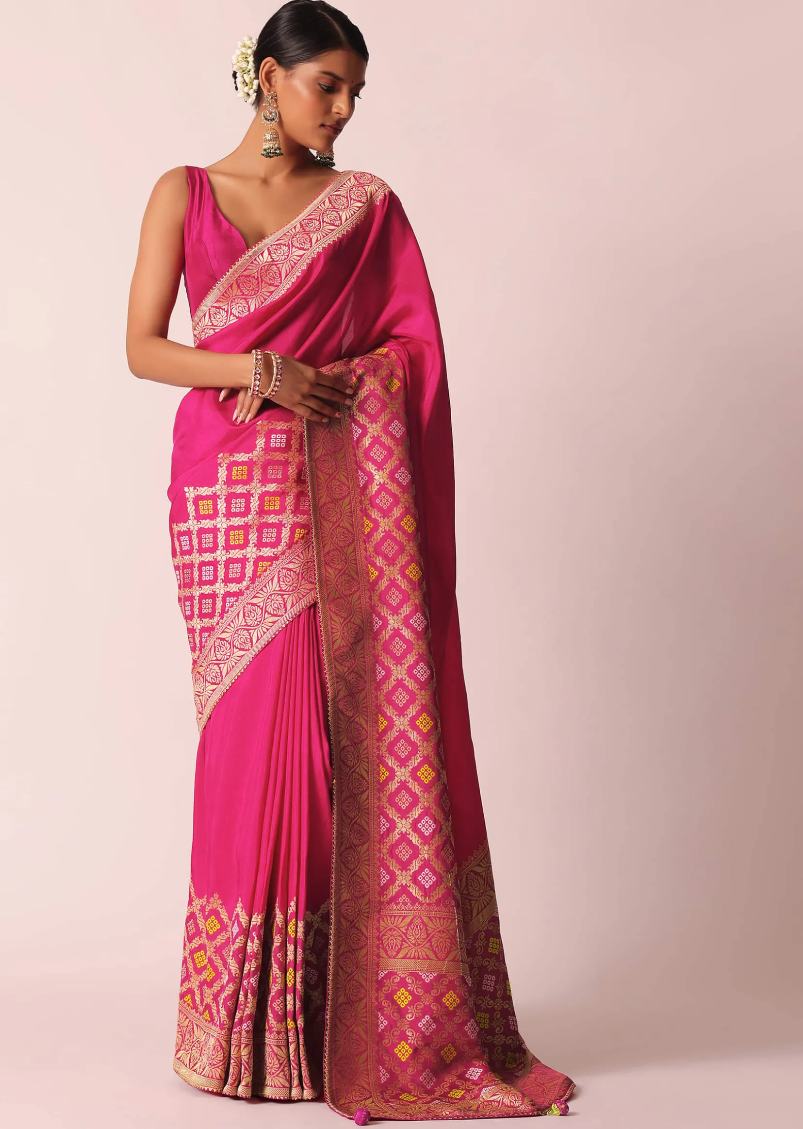 Rani Pink Silk Saree With Bandhani Detail And Unstitched Blouse Piece