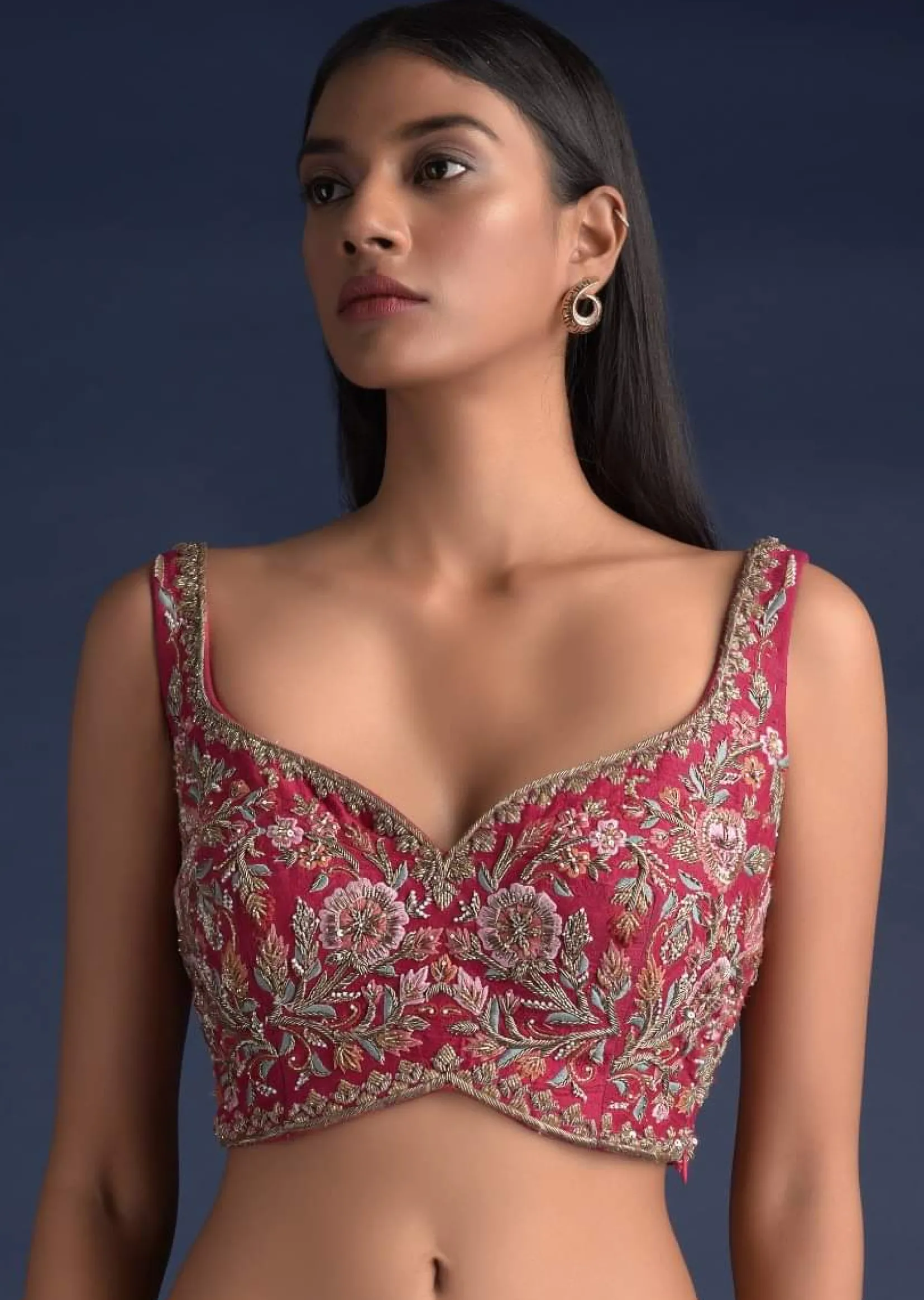 Rani Pink Sleeveless Blouse In Raw Silk With Floral Jaal Embroidery