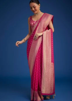 Rani Pink Tissue Silk Saree With Zari Border And Butti Work