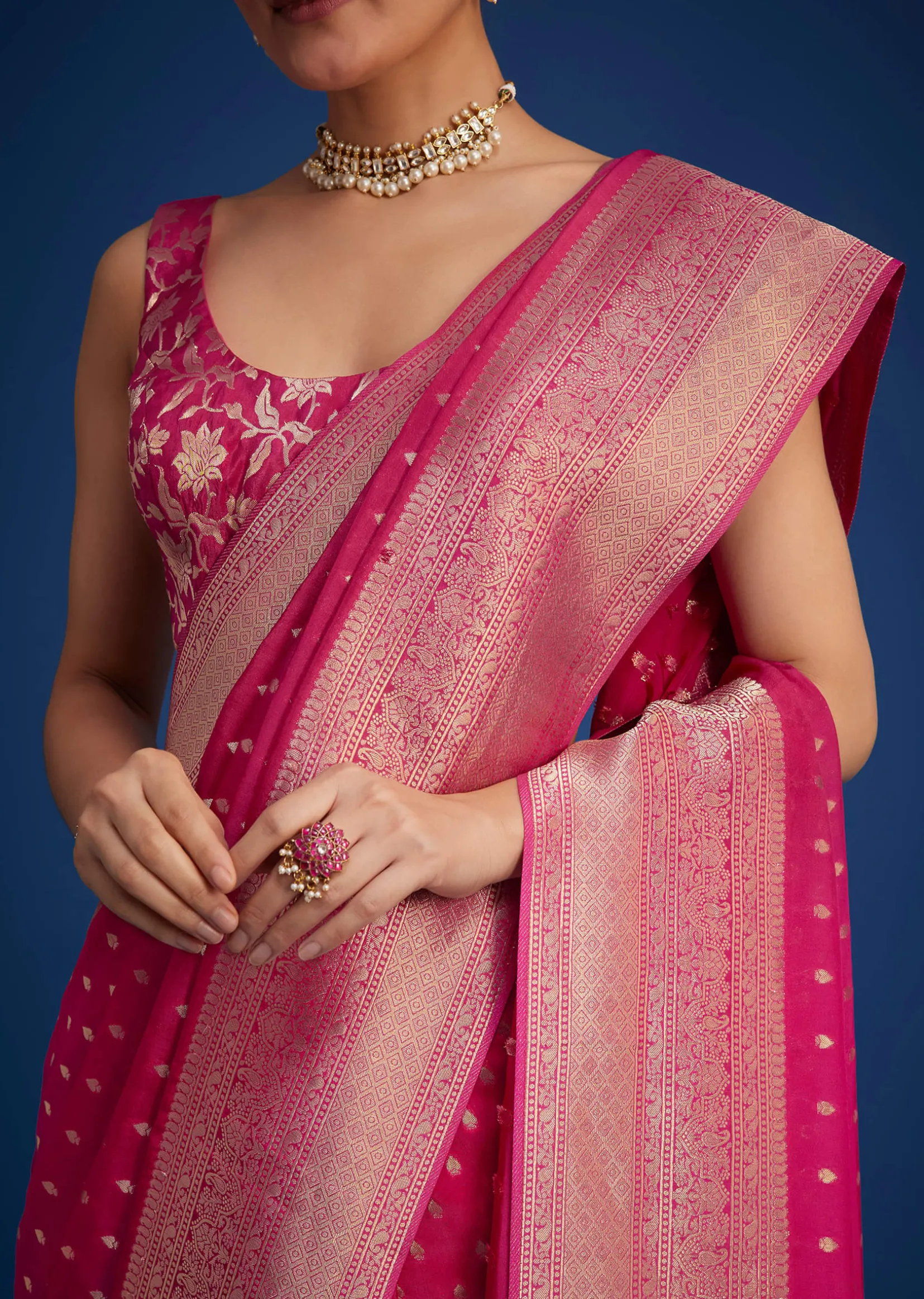 Rani Pink Tissue Silk Saree With Zari Border And Butti Work