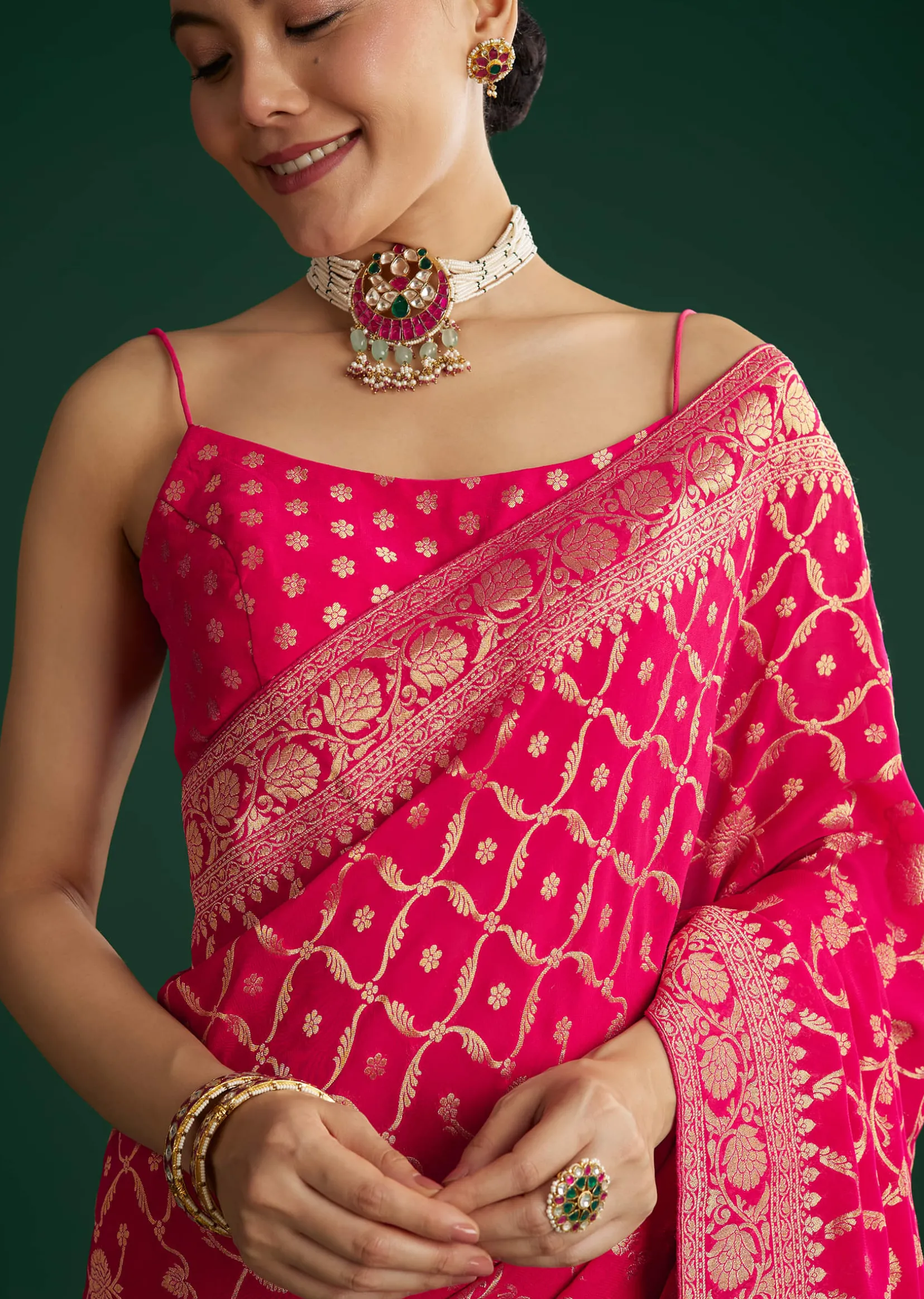 Rani Pink Woven Saree With Jaal Work And Floral Border