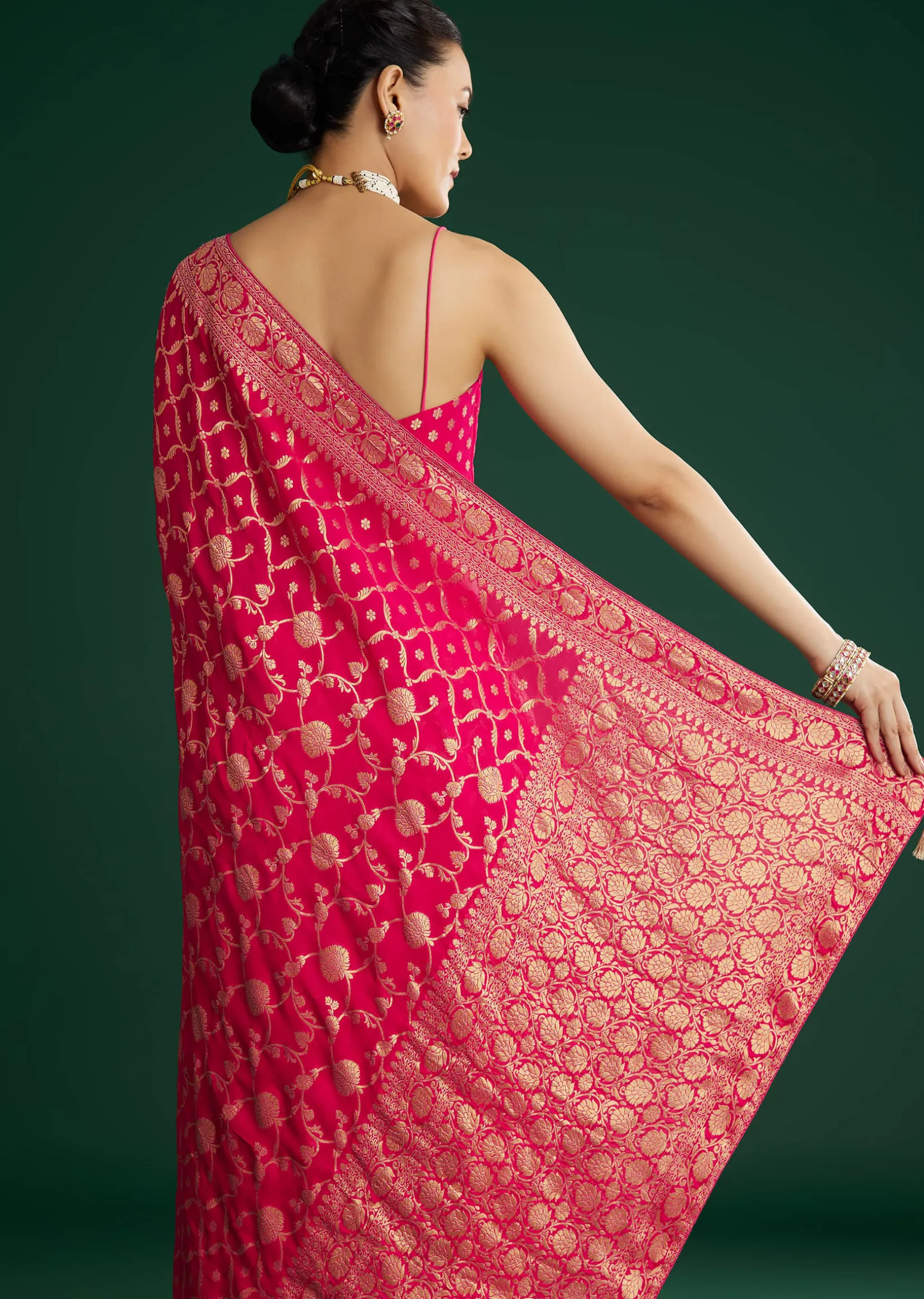 Rani Pink Woven Saree With Jaal Work And Floral Border