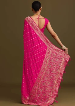 Rani Pink Zardosi Embroidered Saree With Unstitched Blouse